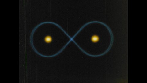 1980s: Animated atoms. Blue circles join. Circle moves back and forth. Blue spheres fuse together.