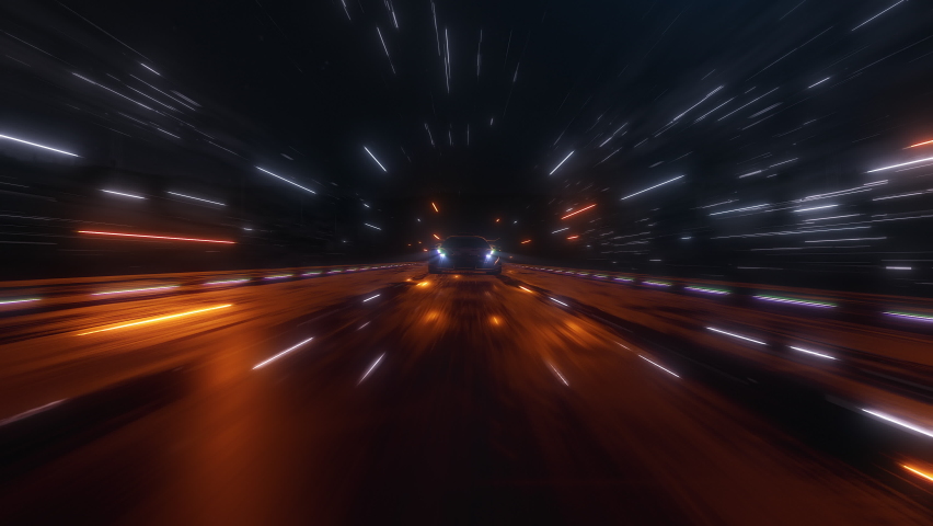 3d Speeding Sports Car On Neon Highway. Powerful acceleration of a supercar on a night track with colorful lights and trails. 3d animation Royalty-Free Stock Footage #1085410583