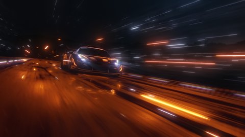 3d Speeding Sports Car On Neon Highway. Powerful acceleration of a supercar on a night track with colorful lights and trails. 3d animation