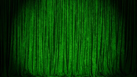 Realistic 3D animation of the luxurious and fancy textured green velvet theater single stage curtain rendered in UHD with alpha matte