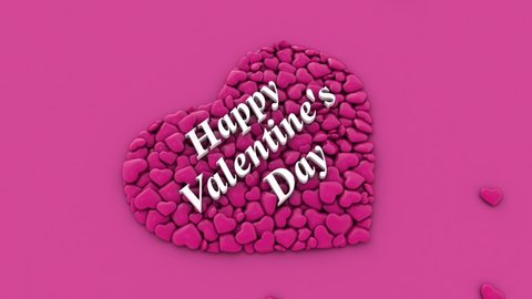 Festive 3d animation for Valentine's Day. Lots of hearts on the surface in the shape of a square form the shape of a valentine, a heart. The white text "happy Valentine's day" appears among the hearts