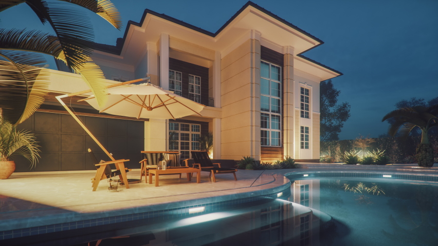 Modern Luxury House With Swimming Pool At Dawn Royalty-Free Stock Footage #1085418800