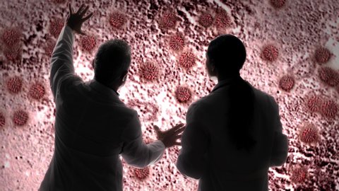 two doctors biologists analyze studying coronavirus covid-19 microscope imaging on touch screen display