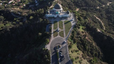 Los Angeles, JAN 10, 2022. Aerial drone view of Griffith Observatory, Beautiful sky during Sunset.
