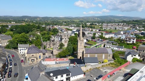 Aerial view over town of Donegal. A beautiful location at the mouth of the River Eske and Donegal Bay, which is overshadowed by the Blue Stack Mountains. Donegal, County Donegal, Ireland.