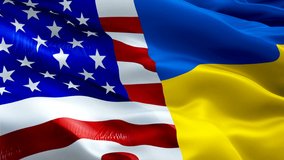 USA and Ukraine Flag. Realistic United States vs Ukraine Flag background. US Ukraine Flag Looping Closeup Wave Loop waving in wind. Video of american sign. American and Ukrainian flag Slow Motion. USA