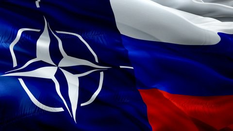 NATO and Russia relations. National 3d NATO flag waving. Sign of North Atlantic Treaty Organization vs Russia tensions flag seamless loop animation. NATO flag HD Background 1080p HD-Moscow,4 May 2019
