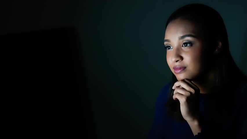 Young black woman watching Hologram screens. Head up display. Video distribution service. Virtual reality. Metaverse. Royalty-Free Stock Footage #1085422763