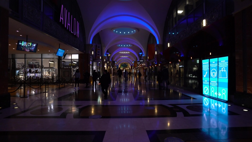 Niagara Falls , Ontario , Canada - 12 30 2021: Fallsview Casino hallway in Niagara Falls during evening and night in dark with color changing ceiling roof