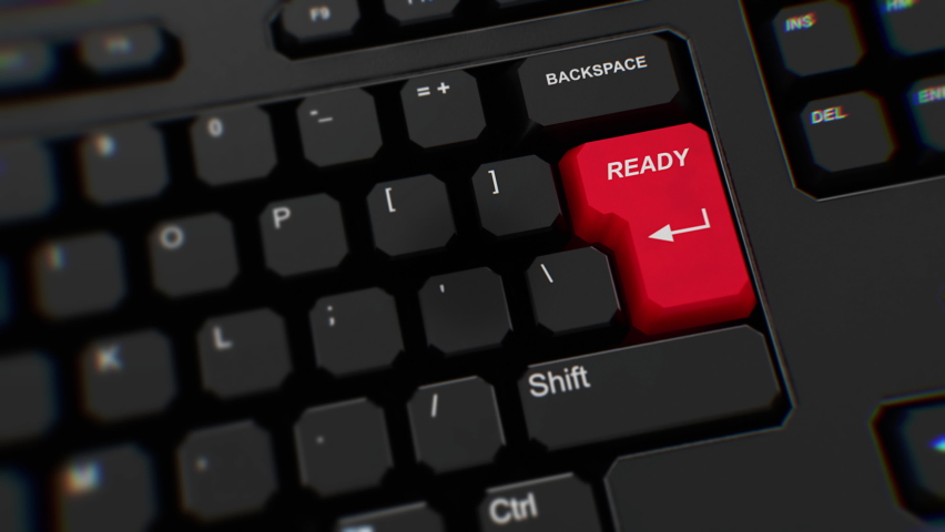 Ready button on keyboard. A finger presses Enter. Click ready. Realistic keyboard button. Red button ready. Get ready. Prepared. Set for action. Office keyboard with unique word to enter. Close Up CGI Royalty-Free Stock Footage #1085425895