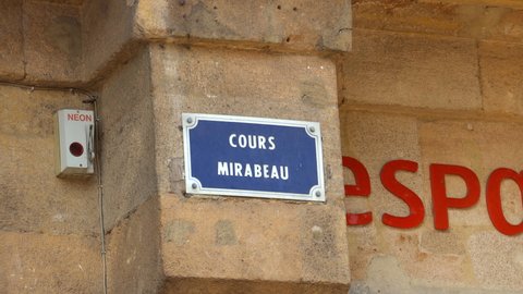 Aix-en-Provence, France - August 2021 : Cours Mirabeau street sign in Aix-en-Provence, France