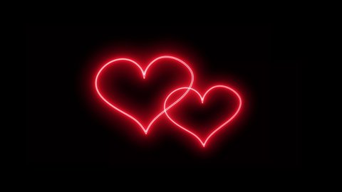 Animated two heart icons with red neon light effect isolated on black background. Valentines day Mother's Day or Lovers Relationships Concept design element on black background.
