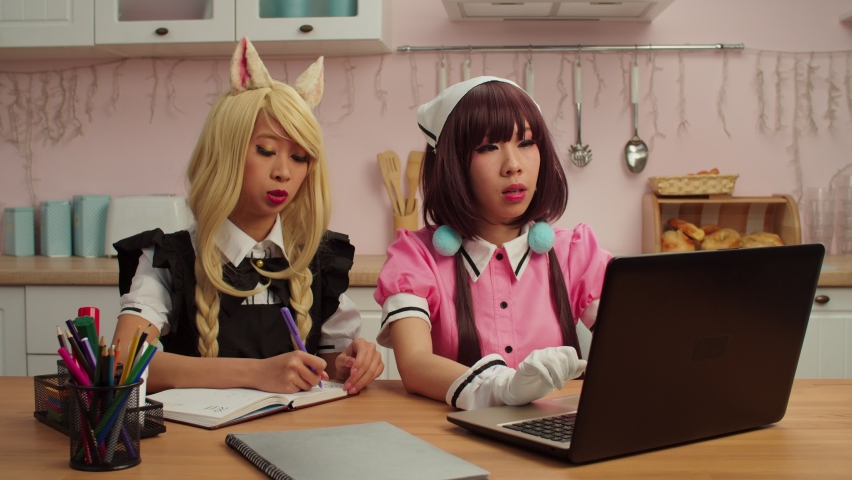 Lovely positive Asian female cosplayers in wigs and anime costumes planning cosplay performance, discussing party and networking online using laptop pc while enjoying leisure in home interior. Royalty-Free Stock Footage #1085429753