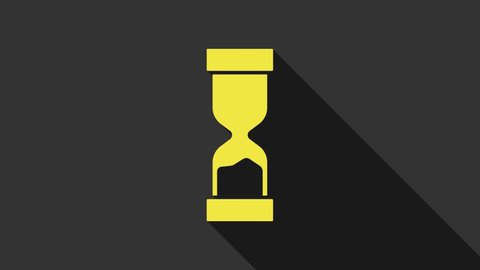 Yellow Old hourglass with flowing sand icon isolated on grey background. Sand clock sign. Business and time management concept. 4K Video motion graphic animation.