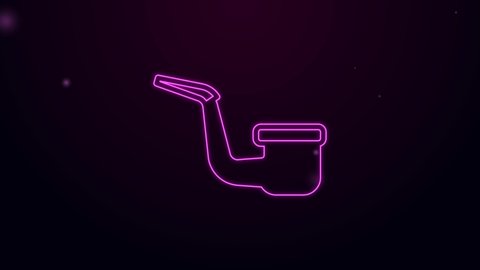 Glowing neon line Smoking pipe with smoke icon isolated on black background. Tobacco pipe. 4K Video motion graphic animation.