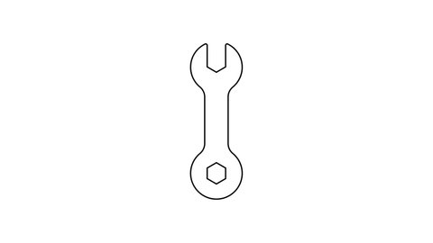 Black line Wrench spanner icon isolated on white background. Spanner repair tool. Service tool symbol. 4K Video motion graphic animation.
