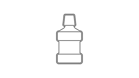 Black line Mouthwash plastic bottle icon isolated on white background. Liquid for rinsing mouth. Oralcare equipment. 4K Video motion graphic animation.