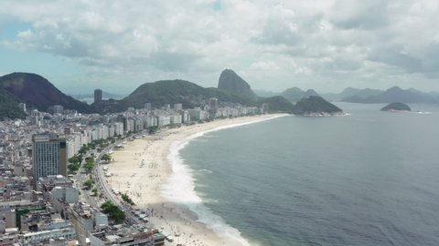 Aerial view of Copacabana Brazil. Beautiful beach in downtown city on the Atlantic Ocean.