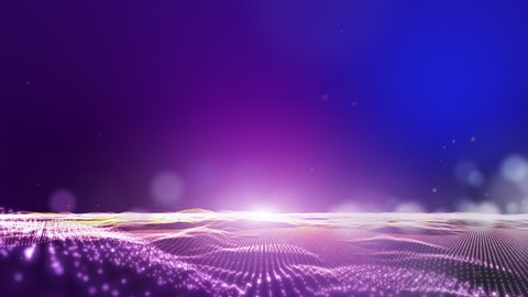 Futuristic flying over 3D multi color digital landscape mountain terrain abstract technology background - moving dots and lines network connection structure in space background. 3D Rendering.