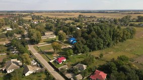 Aerial view of village houses in Ukraine. Drone flight, 4K video