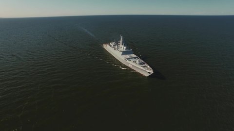 Saint-Petersburg, Russia - October 2015: Aerial view of russian missile ship Admiral Gorshkov in the Baltic Sea.