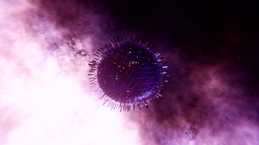 Funny coronavirus variant in cyberpunk style flying through metaverse as virtual alien planet ready for invasion in outer cyber space. Colorful vivid 3d animation in 4K Royalty-Free Stock Footage #1085435519