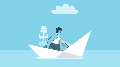 Cartoon woman sailing on a sinking paper boat and scoop out water. Flat Design 2d Character Loop Animation with luma