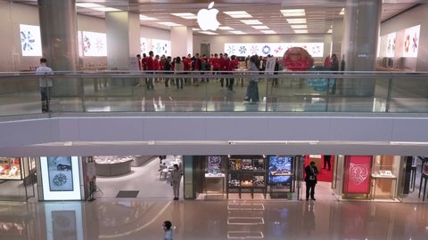 Hong Kong , Kowloon , China - 01 09 2022: Multinational American technology brand Apple store and logo at a shopping mall in Hong Kong.