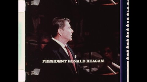 1982 New York, NY. President Ronald Reagan speech before the United Nations General Assembly Special Session Devoted to Disarmament. 4K Overscan of Vintage Archival 16mm Newsreel Film Print