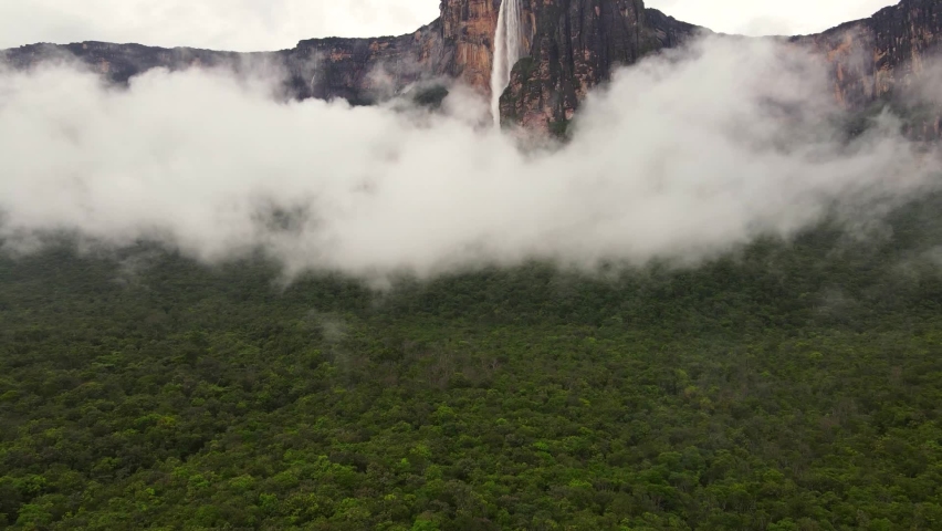 Panoramic aerial view of Angel Fall world's highest waterfall in Canaima rainforest Venezuela Royalty-Free Stock Footage #1085448839