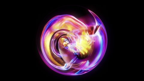 Purple abstract glowing energy moving within a sphere.  Magic orb swirl with colored plasma . Energy mystic crystal glass. astral or aura twirl, glitter. optical orb rotation. 4k loop, 3D rendering 