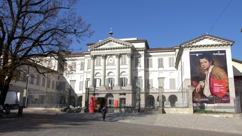 Bergamo. Italy.10-30-2021.Beautiful facade of the important Carrara academy of fine arts. Bergamo City. Panning 4K