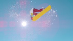 SLOW MOTION, BOTTOM UP, LENS FLARE: Golden sunbeams shine on an extreme snowboarder doing a spinning grab trick while riding in ski resort snowpark. Male tourist doing tricks while snowboarding. - Powered by Shutterstock - Get 15% off with code: PIKWIZARD15