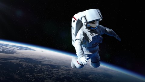 
An astronaut floating in outer space. Designed for fantastic, futuristic, science or space travel backgrounds.