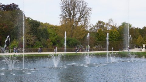 Versailles, France - October 17, 2021: The Mirror Fountain and Waters Dancing in the Gardens of the Chateau de Versailles.