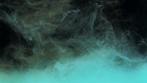 Turquoise blue and gold ink acrylic mixing in water, swirling softly underwater. Colored acrylic cloud of paint in aquarium. Slow motion abstract smoke explosion animation. Beautiful art background