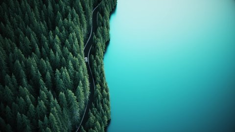 Aerial view of car driving through the forest and the lake. Fir forest by the lake. Beautiful forest road. Turquoise lake on the shore of the forest. Driving on the mountain road. 3d animation