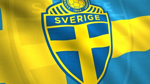 Beautiful bright developing flag of the football team -Sverige . Motion. The flag of the football team is blue with a yellow cross close-up. For editorial use only