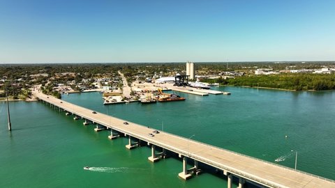 Fort Pierce, FL, USA - January 15, 2021: Ft. Pierce Yacht Ship marine terminal. 4k aerial drone footage