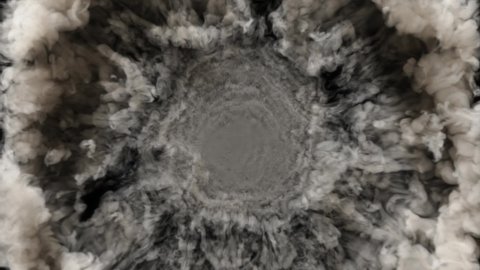 Gray smoke explodes in a circle and slowly fills the black screen space. View of a nuclear explosion from above.