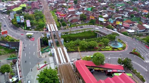 Jogjakarta, Indonesia - Dec 14, 2021: Established Shot of Kleringan Kewek Bridge, a Railroad Viaduct above Kali Code