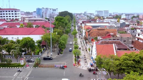 Jogjakarta, Indonesia - Dec 14, 2021: Established Aerial View of Malioboro Street in The Morning