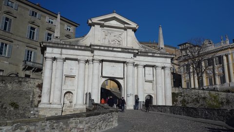 Bergamo, Italy. January 16, 2022. The old town. Amazing view at the ancient gate Porta San Giacomo. Bergamo one of the most beautiful cities in Italy. Tourists destination