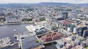Inscription on video. Oslo, Norway. City center from the air. Embankment Oslo Fjord. Text furry, Aerial View