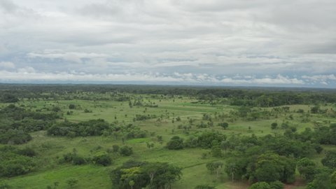 Aerial view of the nature of Paraguay. Fields for agro growing vegetables and fruits, forests in a beautiful landscape.