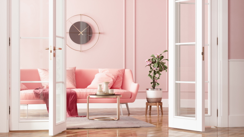 3d Rendering of Entrance Of Living Room With Pink Sofa, Potted Plant And Coffee Table Royalty-Free Stock Footage #1085478068