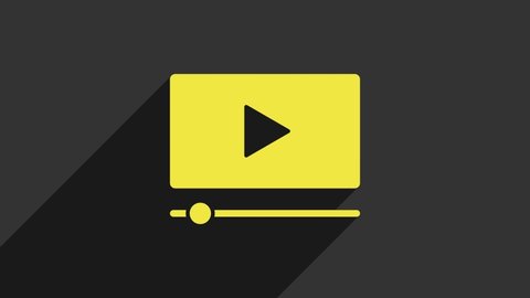 Yellow Online play video icon isolated on grey background. Film strip with play sign. 4K Video motion graphic animation.