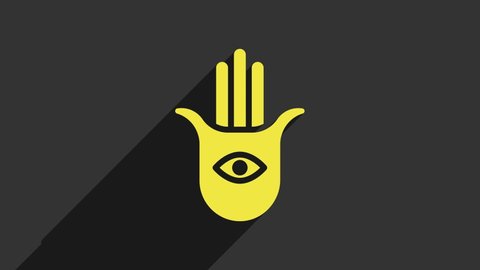Yellow Hamsa hand icon isolated on grey background. Hand of Fatima - amulet, symbol of protection from devil eye. 4K Video motion graphic animation.