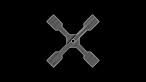 White line Wheel wrench icon isolated on black background. Wheel brace. 4K Video motion graphic animation .