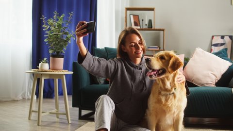 Young woman making selfie with dog in living-room, animal trainer taking photo with golden retriever, using smartphone. Having fun together with lovely pet. Happy puppy labrador posing. 